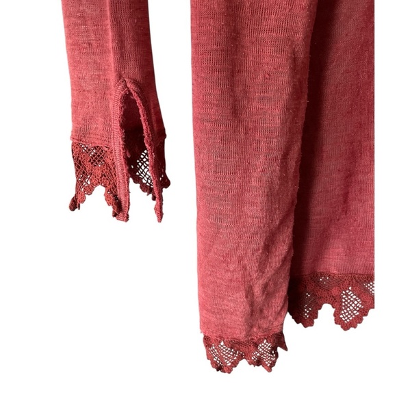 Free People Crochet Lace Trim Button Front Cardigan Sweater Boho Linen M Pink - Picture 3 of 9